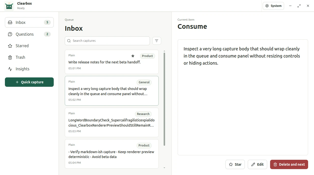 The Clearbox desktop app showing the queue rail, the Inbox list of captures, and the Consume reading panel
